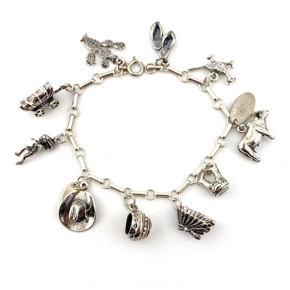 Arizona Sterling Silver Charm Bracelet 10 3D Figural 7 Inch Vintage